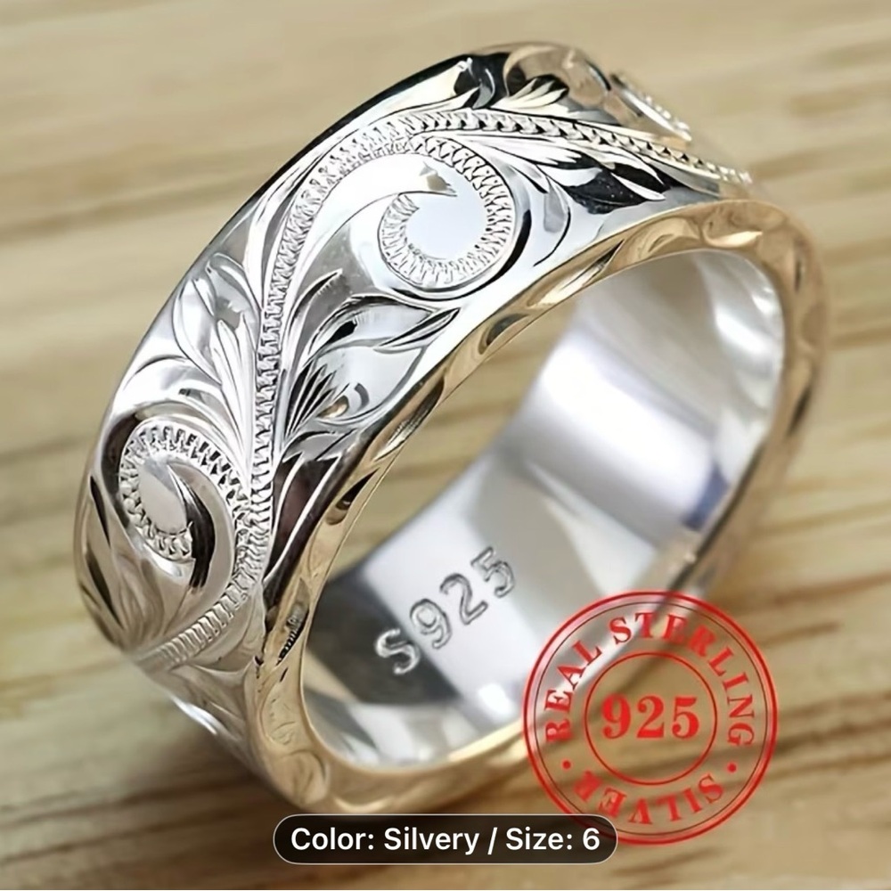 This is a sterling silver carved leaf hand-engraved men ring - Picture 5 of 16
